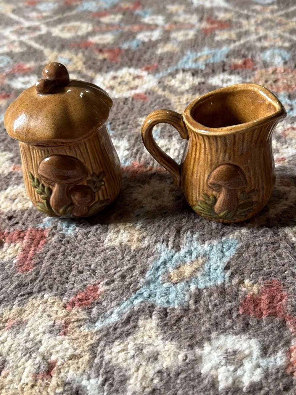 Vintage Woodland Mushroom Cream & Sugar Set | Ceramic Sugar Bowl w/Lid & Creamer